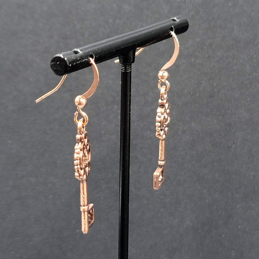 Skeleton Key Pierced Earrings Copper tone Dangle 1 1/8"