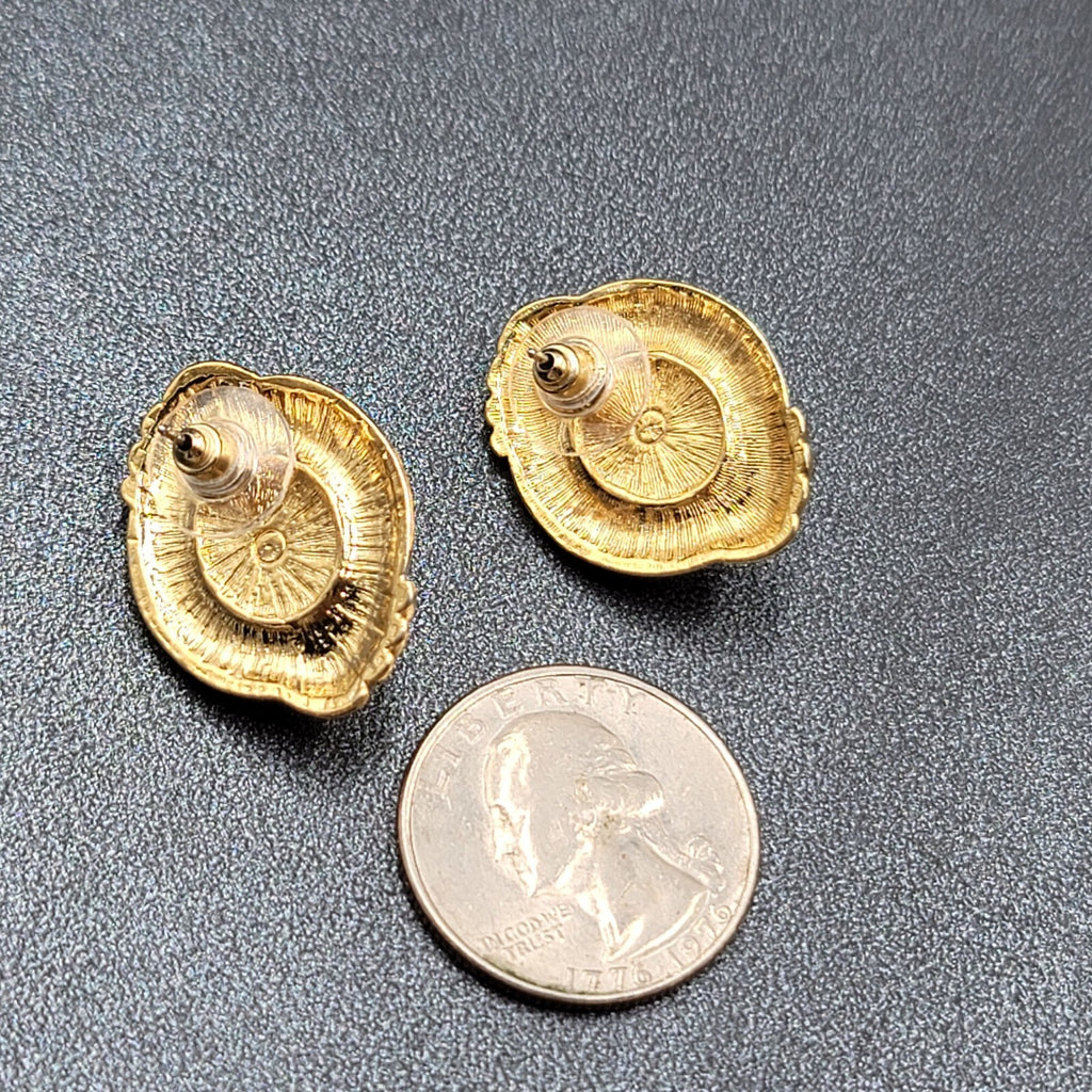 Vintage Avon Cavier Pierced Earrings Gold tone Dark Gray Satin Cabochon 1"