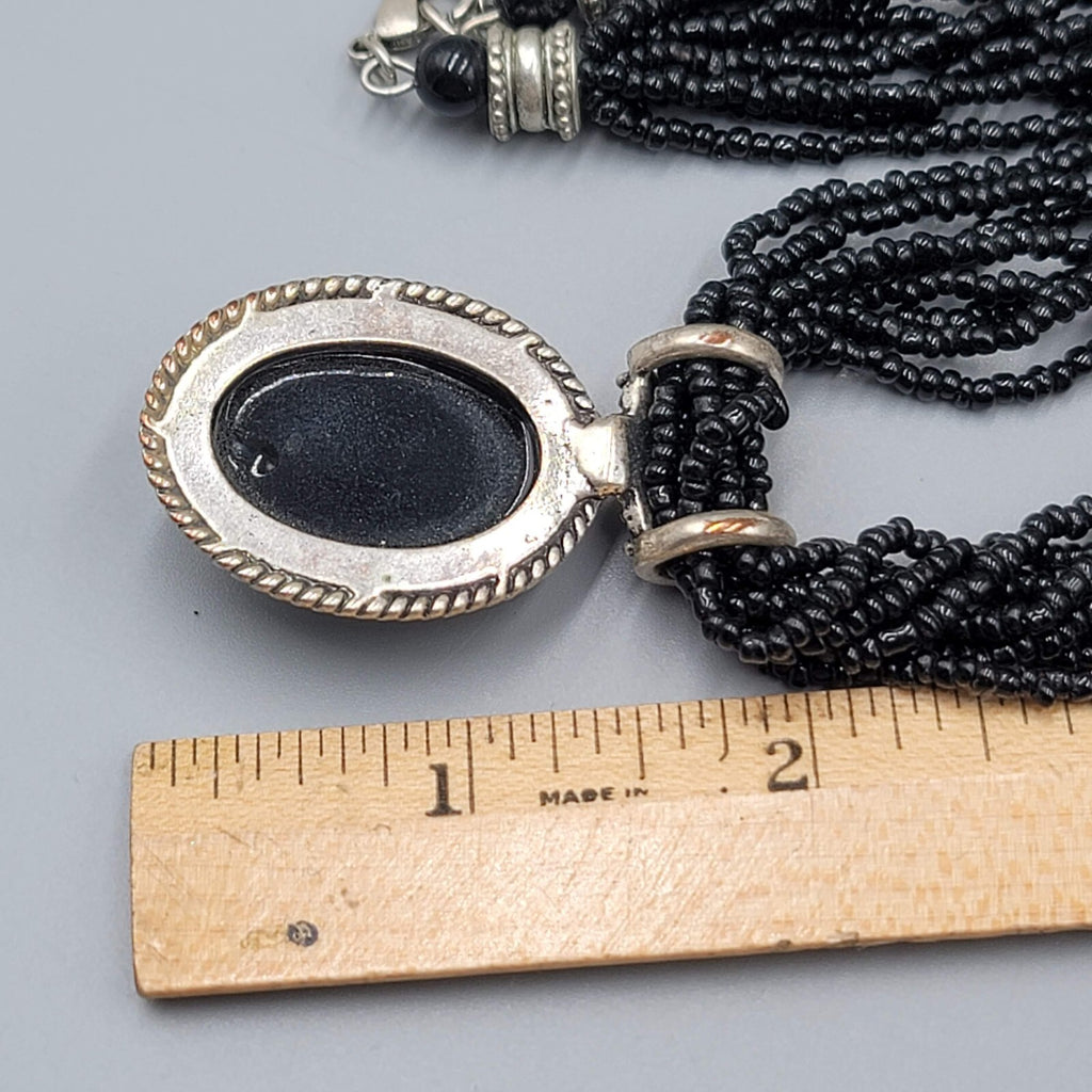Multi Strand Black Seed Bead Necklace Oval Pendant Silver tone 18"