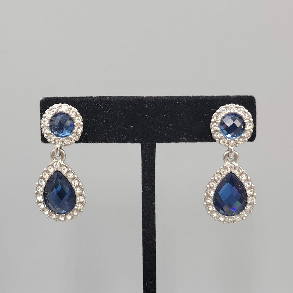 Blue Faceted Crystal Teardrop Pierced Earrings Silver tone Dangle 1.5 in