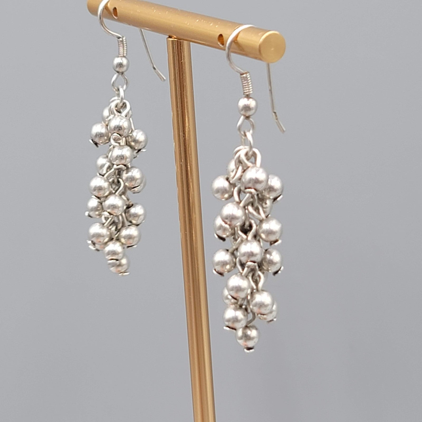 Cluster Bead Pierced Earrings Silver tone Dangle 1.25 in