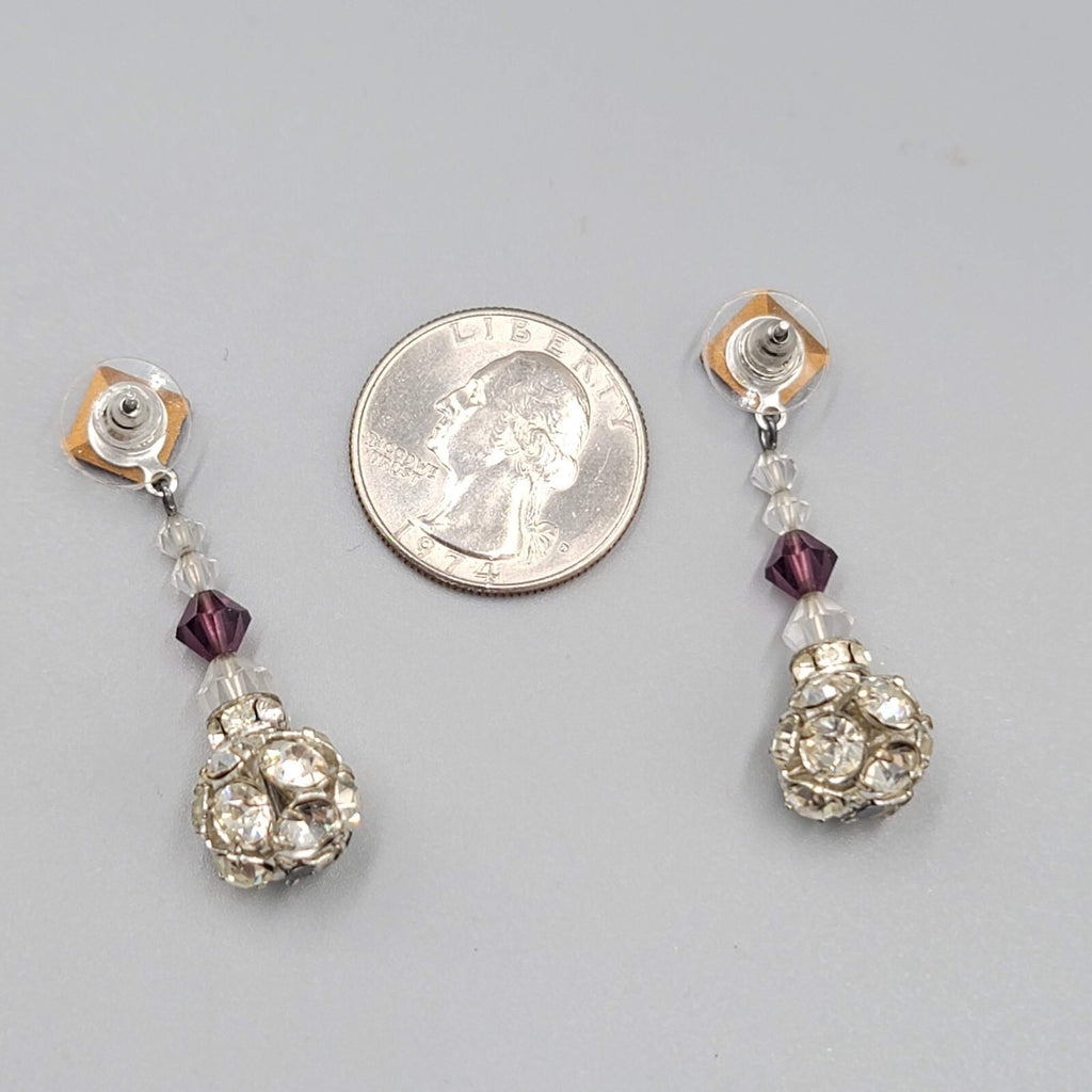 Vintage Purple Rhinestone Pierced Earrings Silver tone Bead Dangle  1.75"
