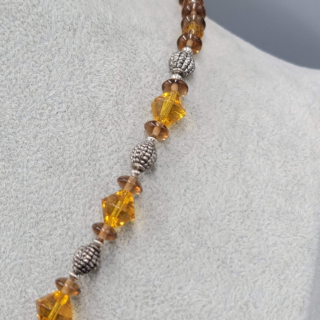 Boho Medallion Orange Bead Pendant Necklace Silver tone Toggle Closure 17 in