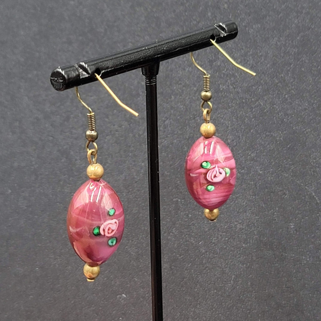Art Glass Bead Pierced Earrings Bronze tone Pink Flower Dangle 1.25"
