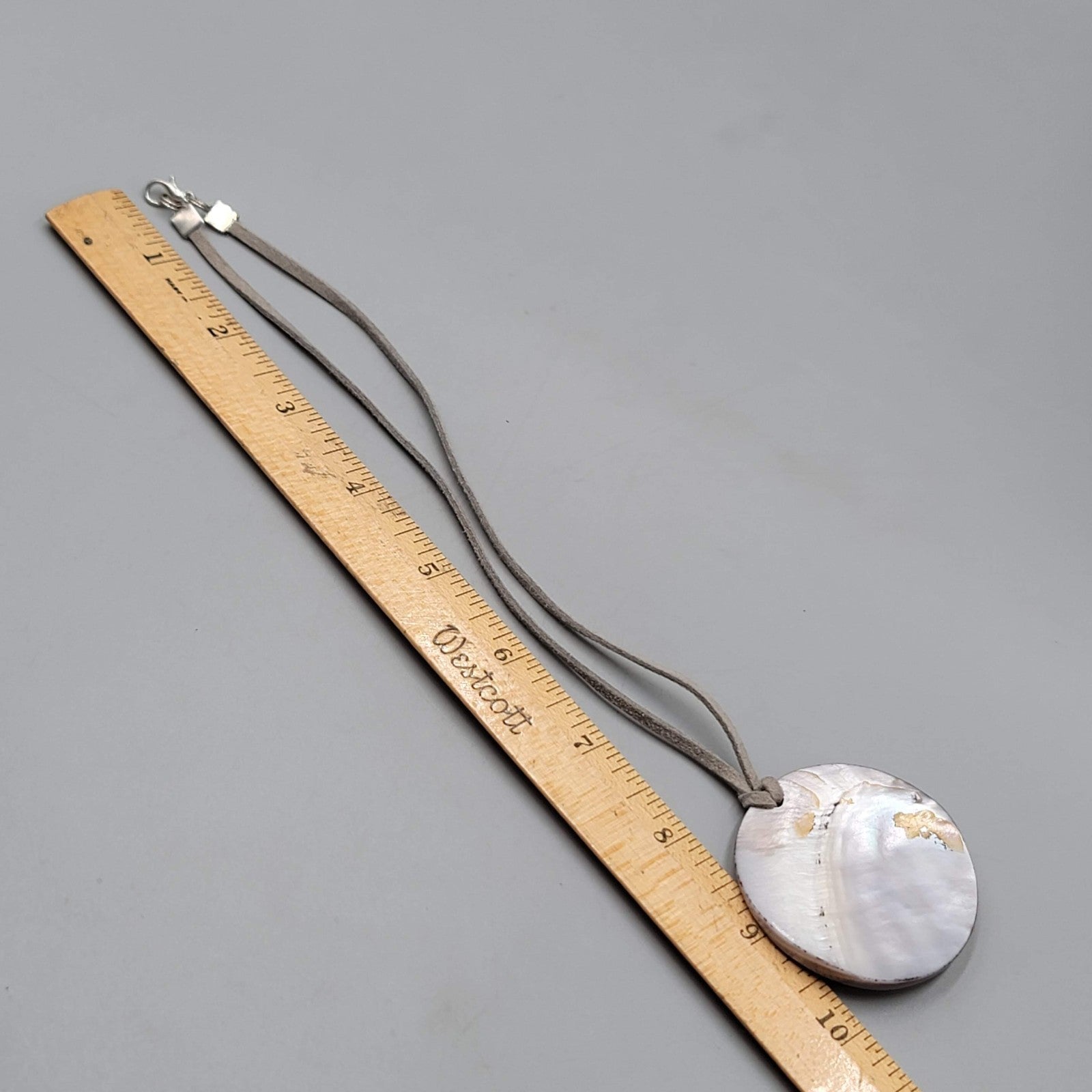 Round Shell Pendant Necklace Gray Leather Cord 16"