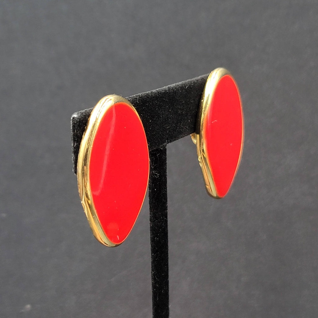 Bergere Red Enamel Clip On Earrings Gold Plated  1.25"