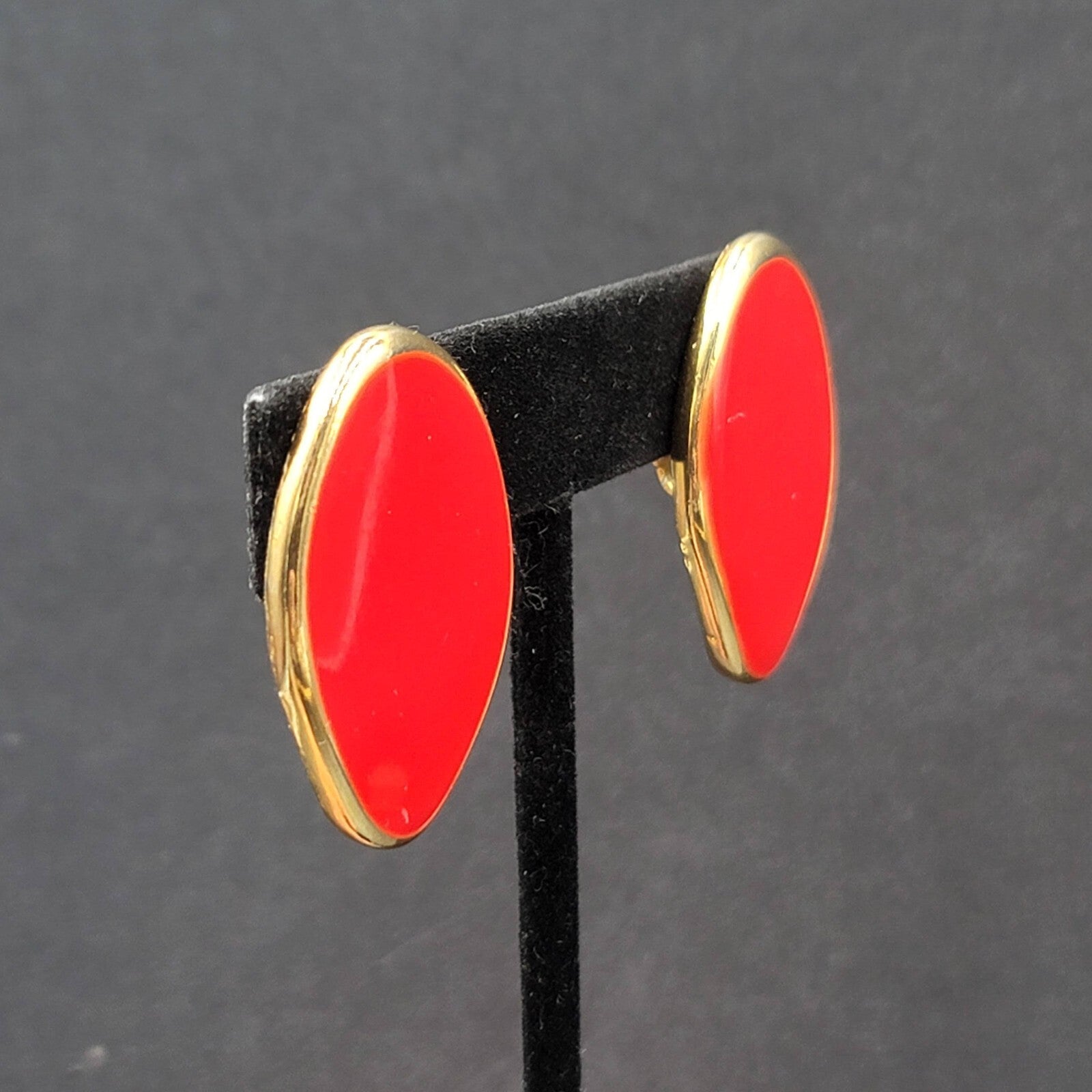Bergere Red Enamel Clip On Earrings Gold Plated  1.25"