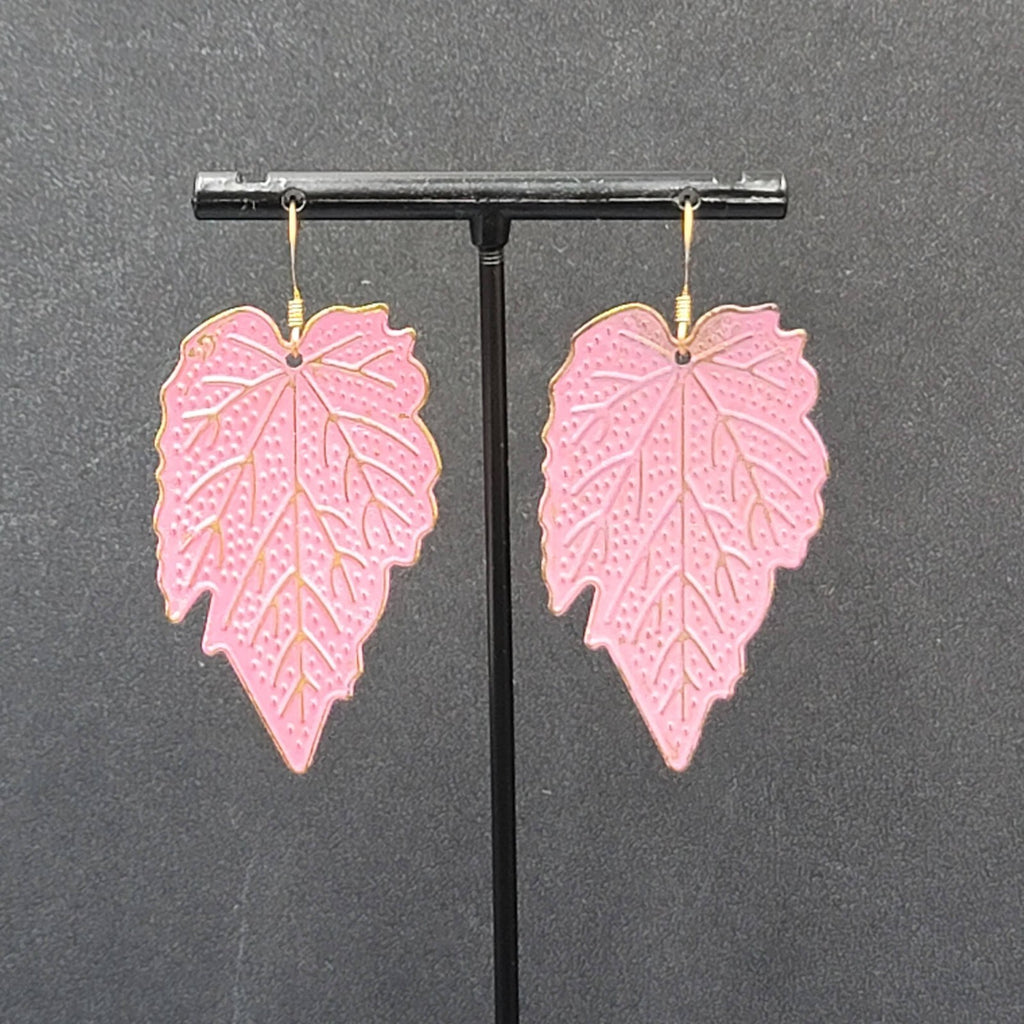 Pierced Earrings Gold tone Pink Enamel Large Statement Dangle Leaves Lightweight