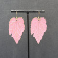 Pierced Earrings Gold tone Pink Enamel Large Statement Dangle Leaves Lightweight