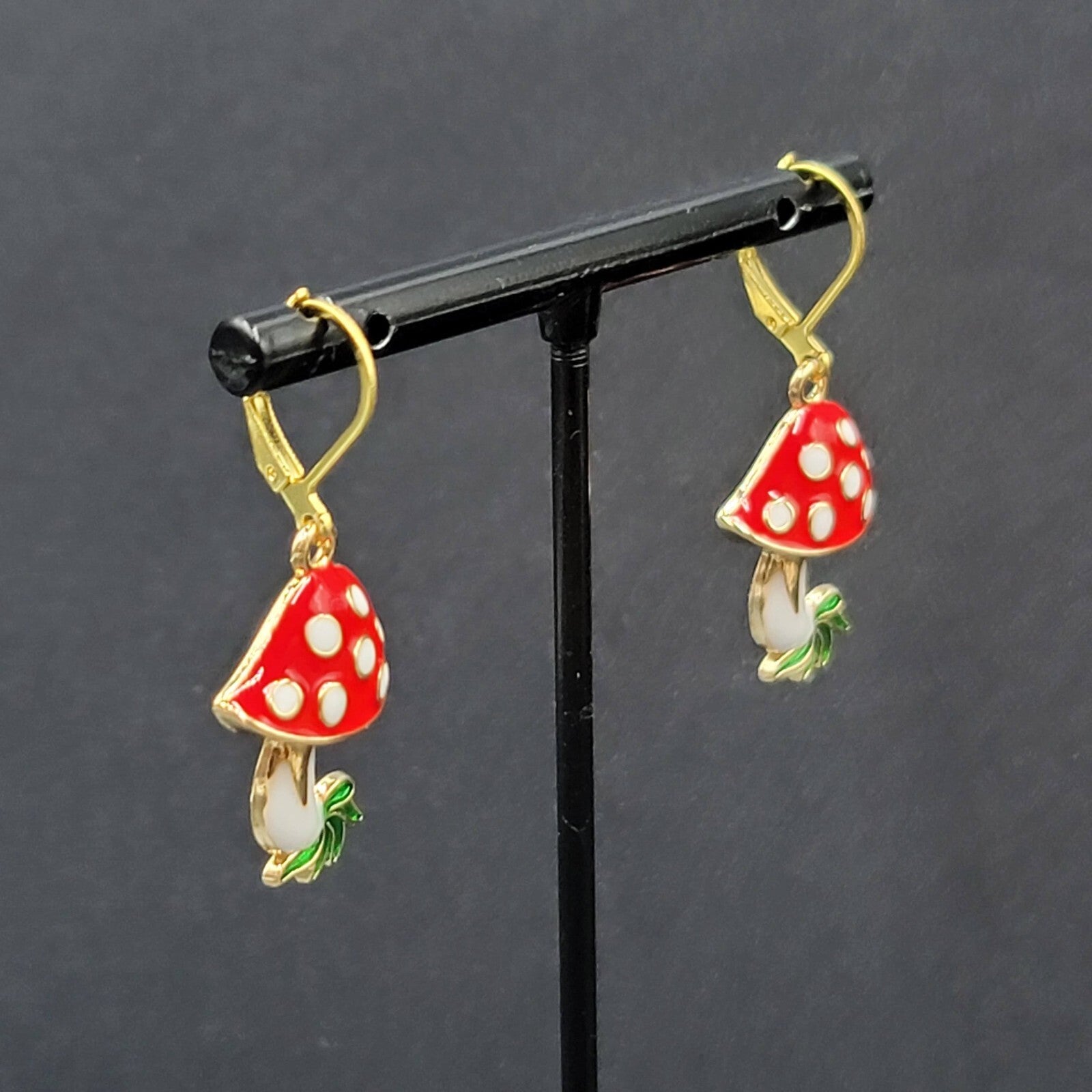 Mushroom Pierced Earrings Gold tone Enamel Red White Polka Dot Dangle 1"