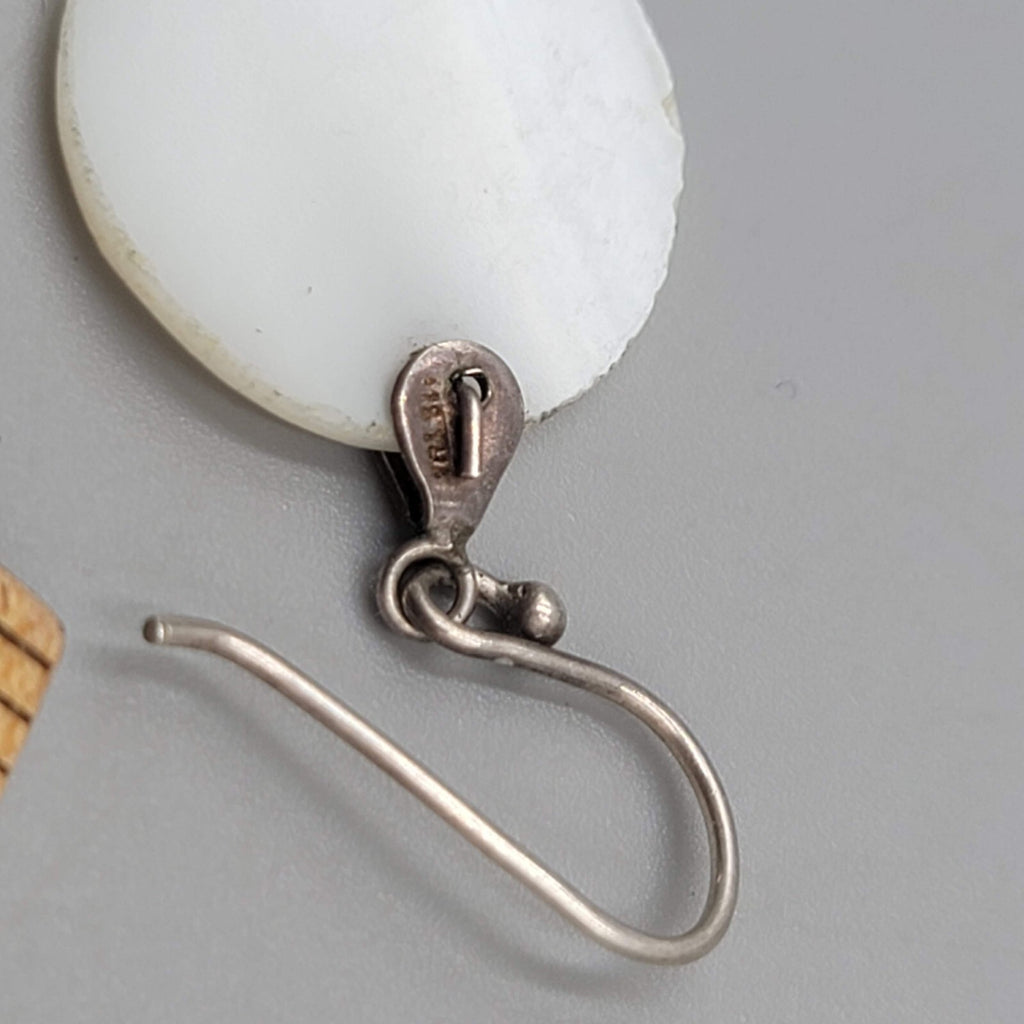 Sterling Silver Pierced Earrings Round Mother of Pearl Dangle 7/8"