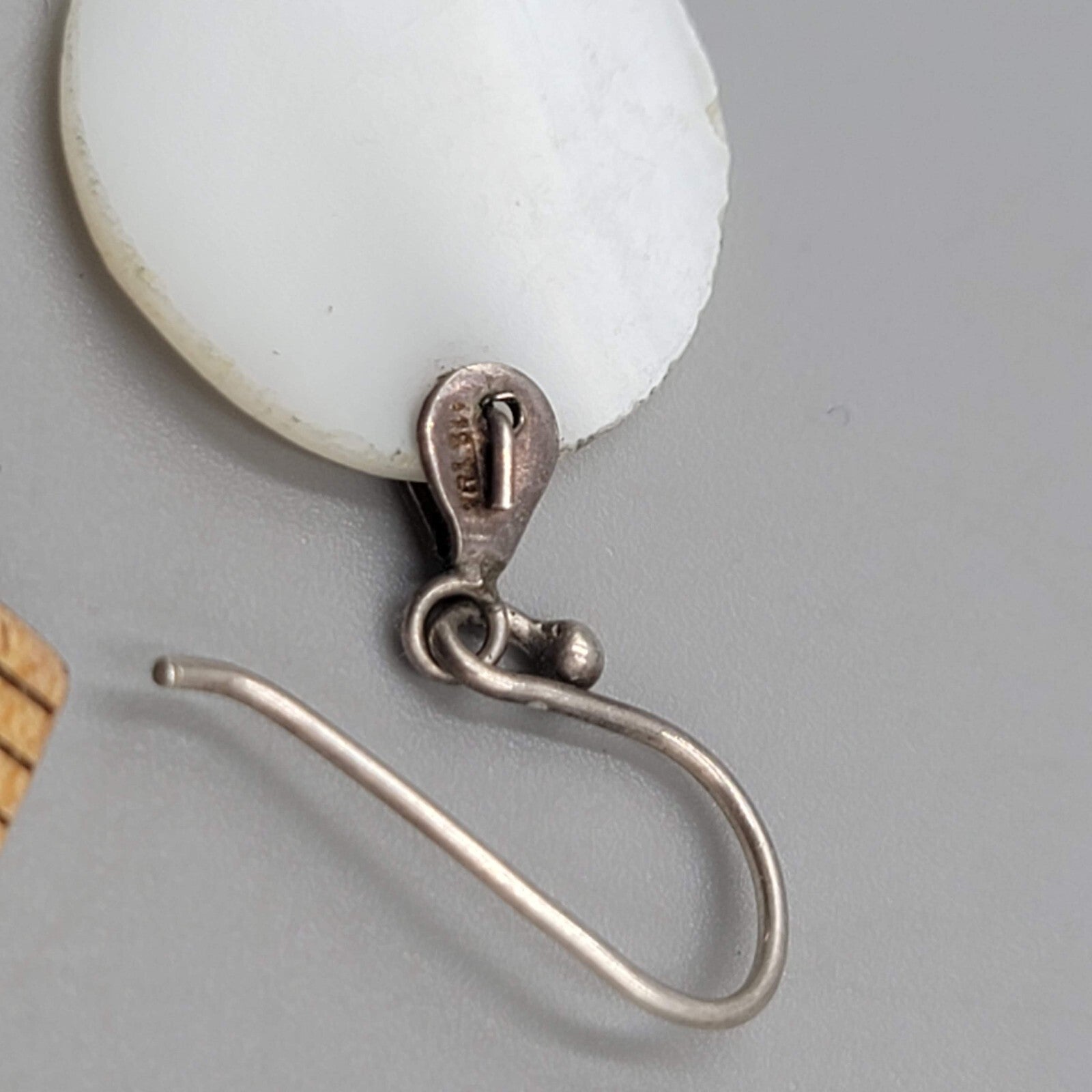 Sterling Silver Pierced Earrings Round Mother of Pearl Dangle 7/8"
