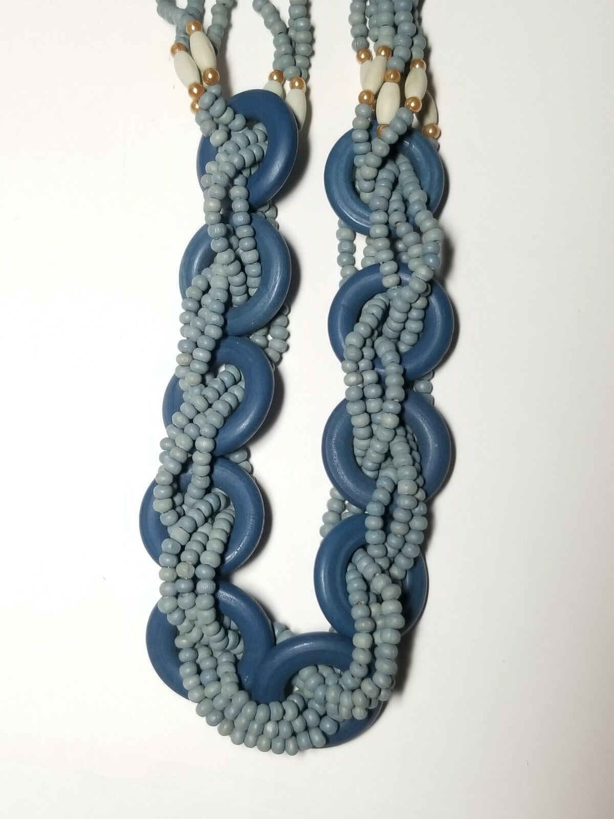 Vintage Blue Weaved Ringed Wooden Beaded Statement Necklace 26"