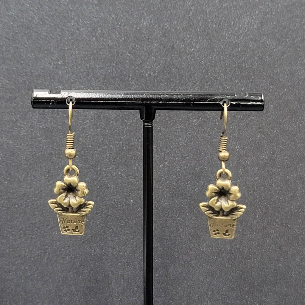 New Flower Pot Pierced Earrings Nature Bronze tone Dangle 3/4"