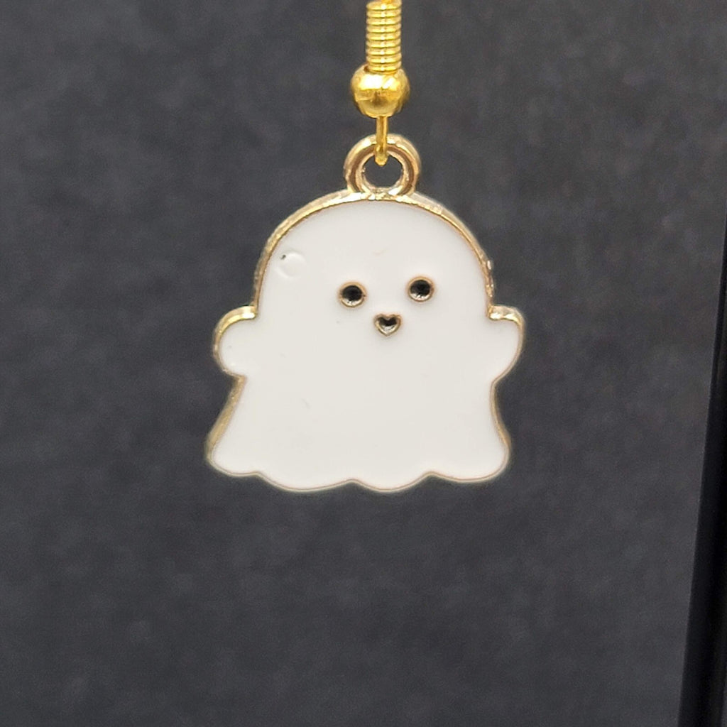 Ghost Halloween Pierced Earrings White Enamel Gold tone Enamel Dangle 3/4"