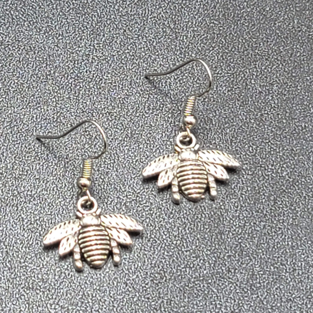 Bee Pierced Earrings Silver tone Dangle Embossed 5/8"