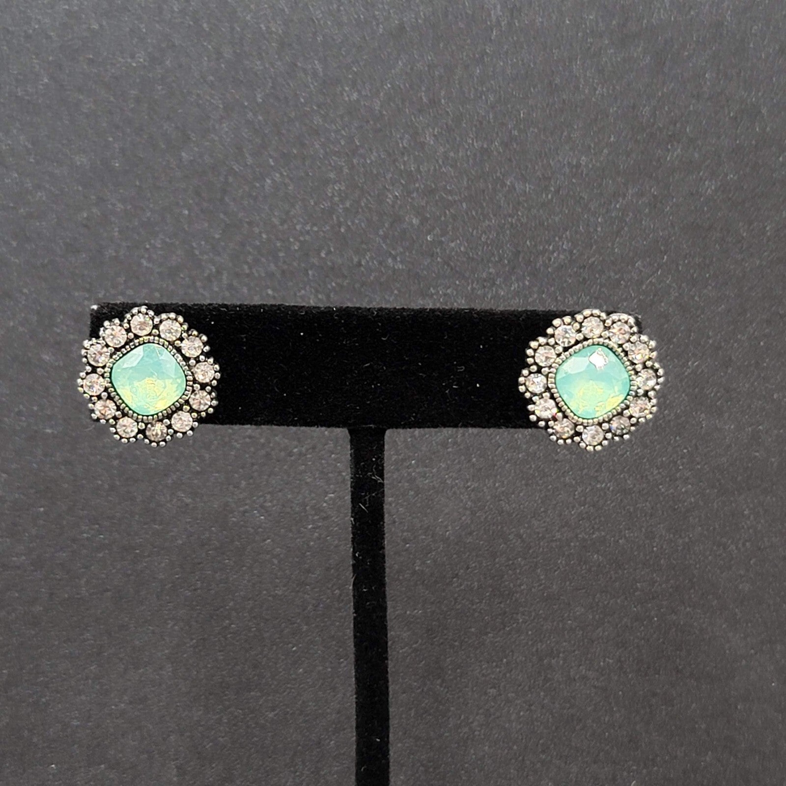 Pierced Earrings Ice Blue Green Clear Rhinestone Studs 5/8"