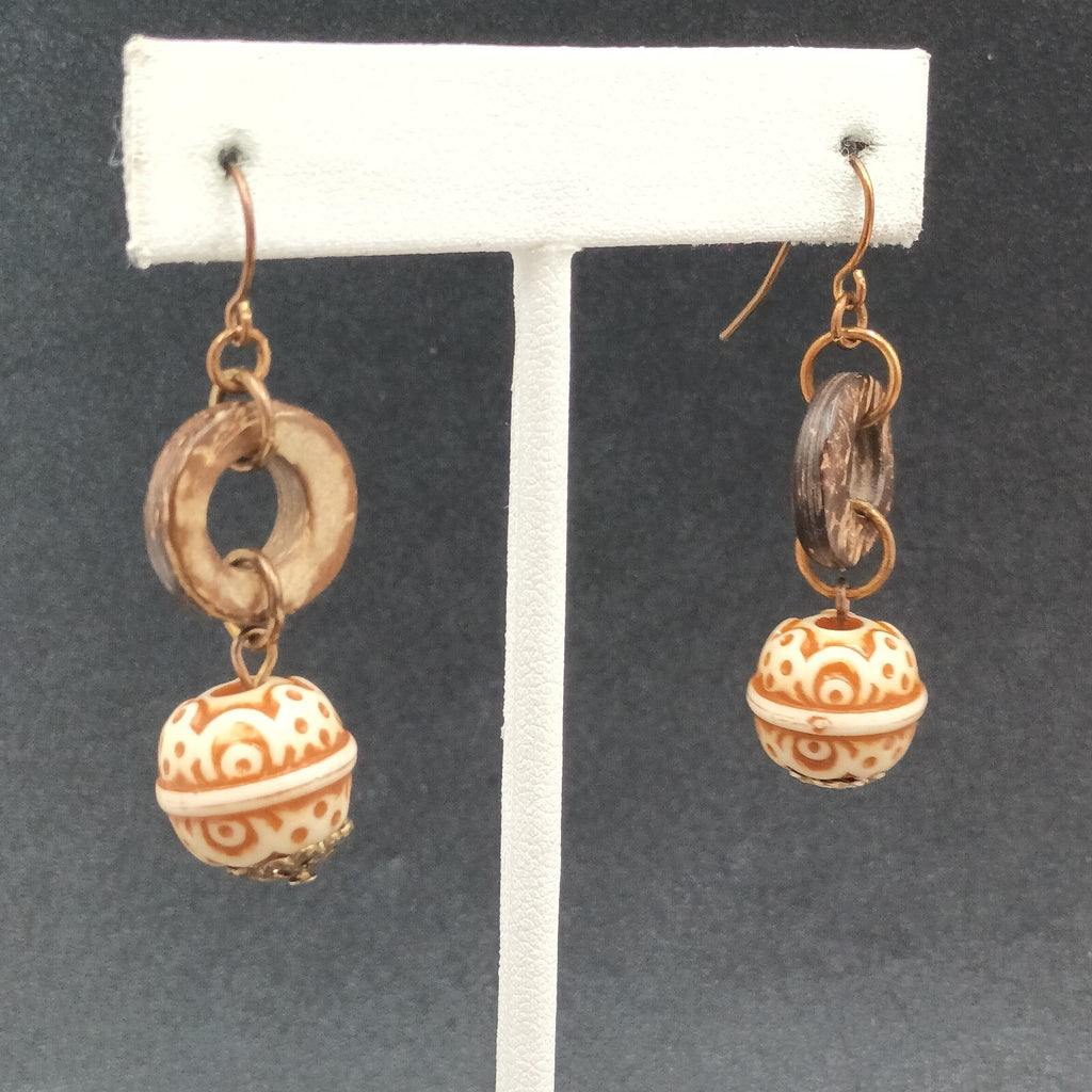 Pierced Earrings Carved Coconut Shell Copper tone Hook Statement Dangle 1 3/8"