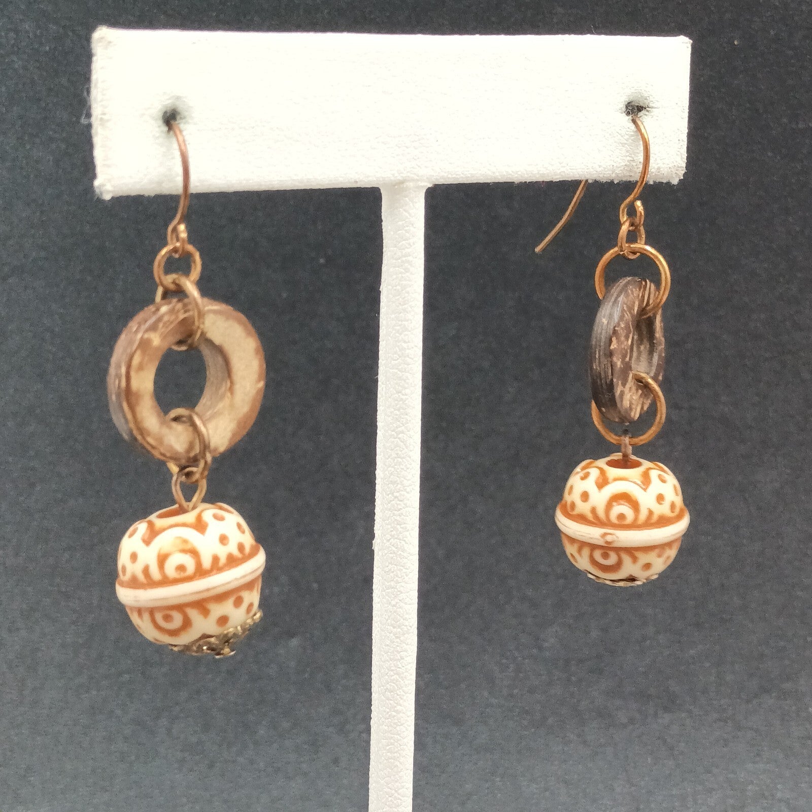 Pierced Earrings Carved Coconut Shell Copper tone Hook Statement Dangle 1 3/8"