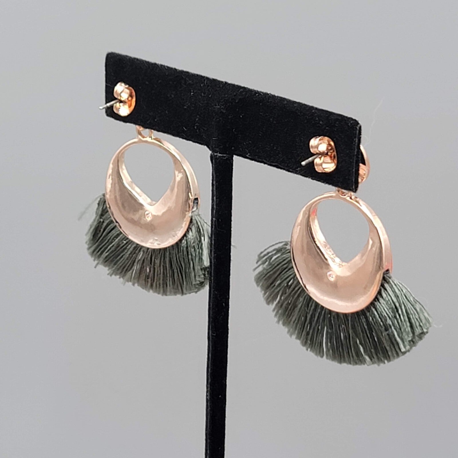 Green Tassel Pierced Earrings Rose Gold tone Dangle 1.75"