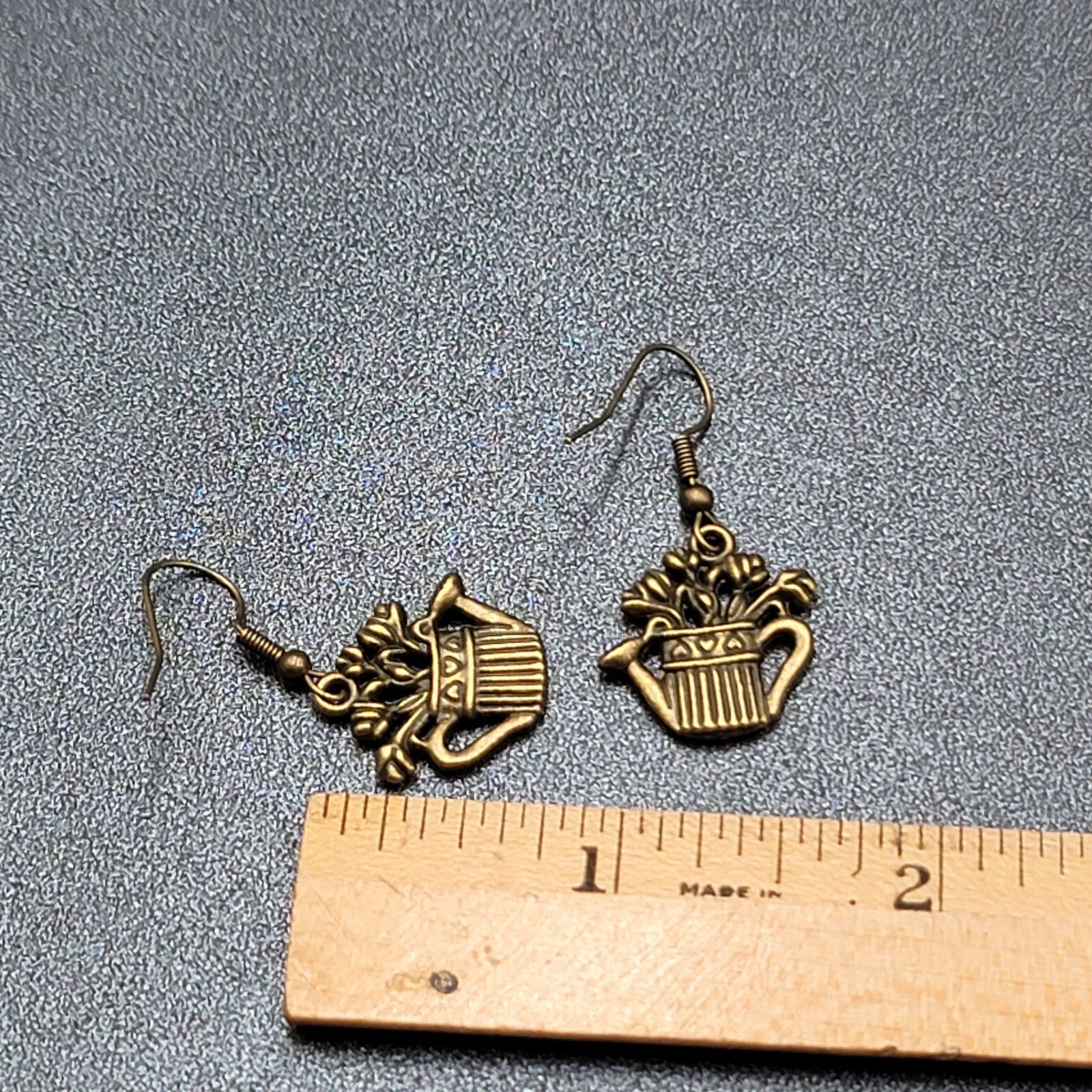 Garden Water Can Flowers Pierced Earrings Bronze tone Embossed Dangle 1" FS