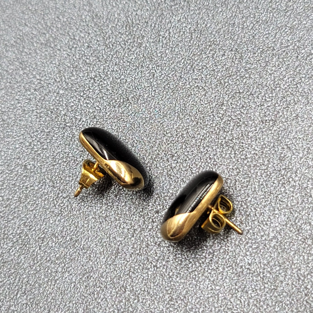 Vintage Pierced Earrings Gold Plated Black Enamel Rectangle Studs 1/2"