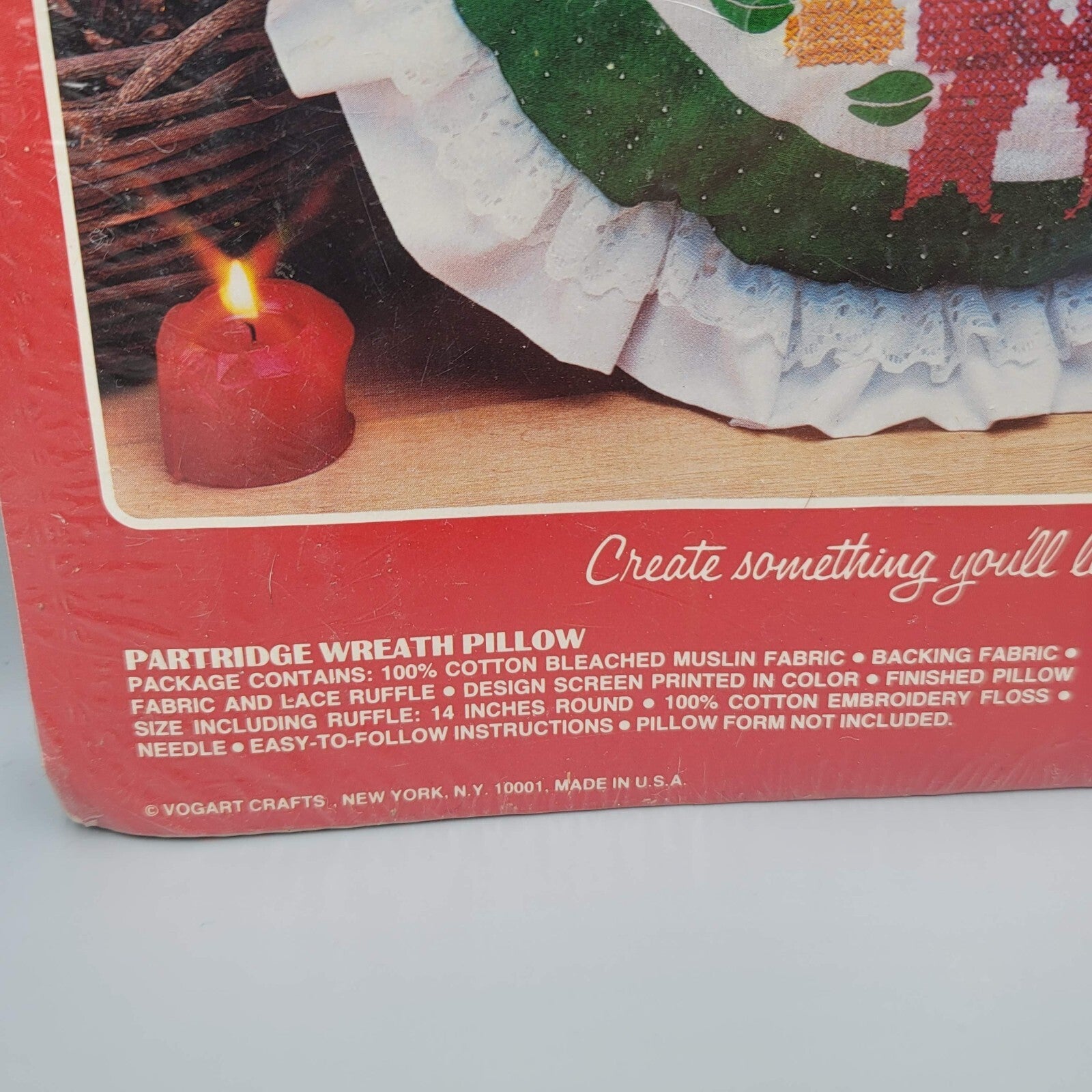 Vtg Partridge Wreath Vogart Crafts Stamped Cross Stitch Christmas Pillow Kit NOS