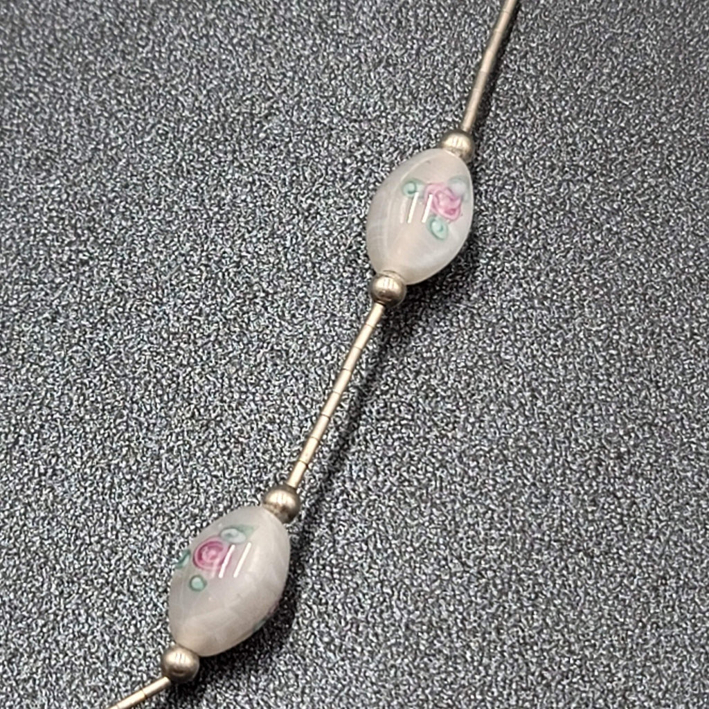 Art Glass Lampwork Rose Bead Necklace Sterling Silver 925 16”-17.5"