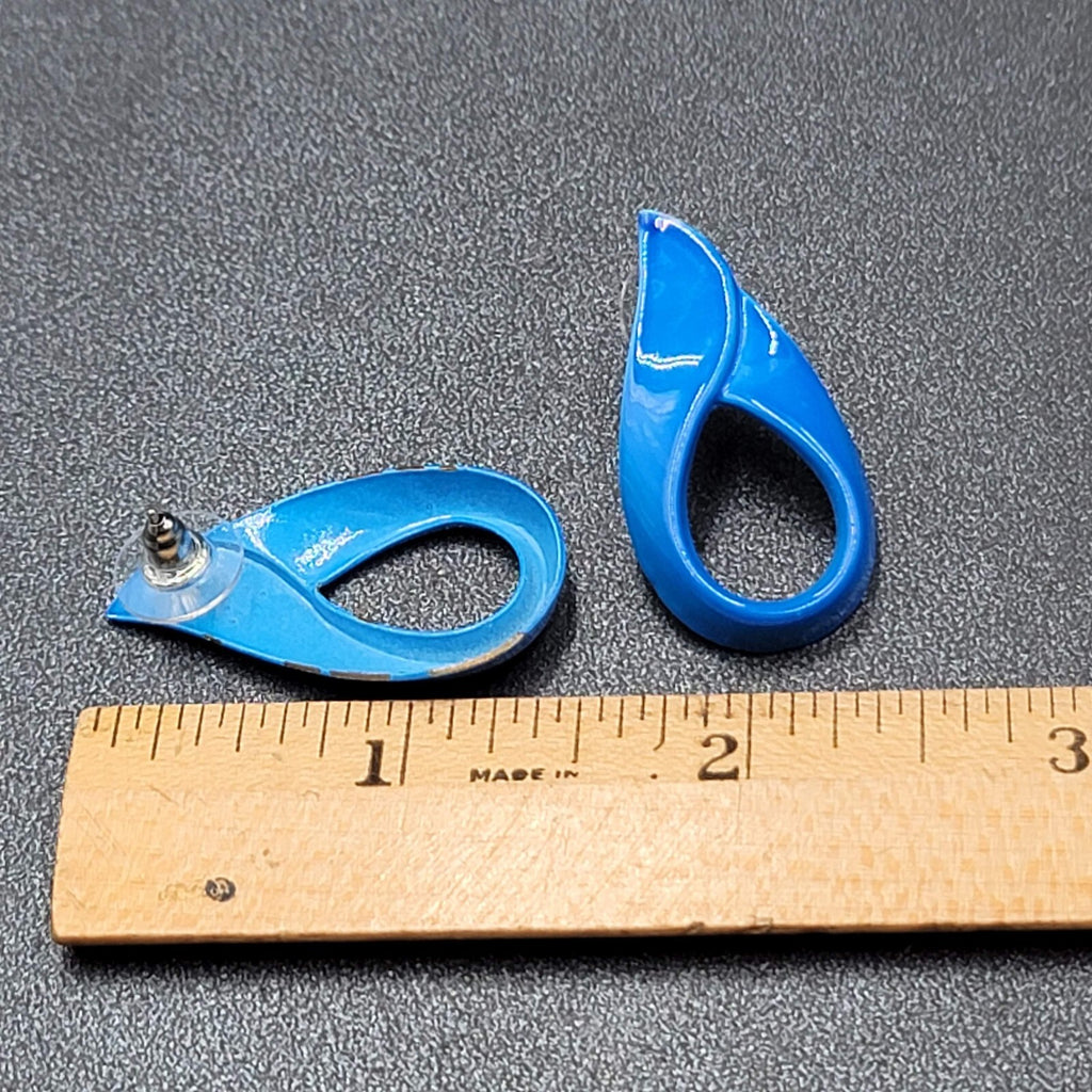 Vintage Pierced Earrings Blue Enamel over Metal Open Teardrop 1 3/8"