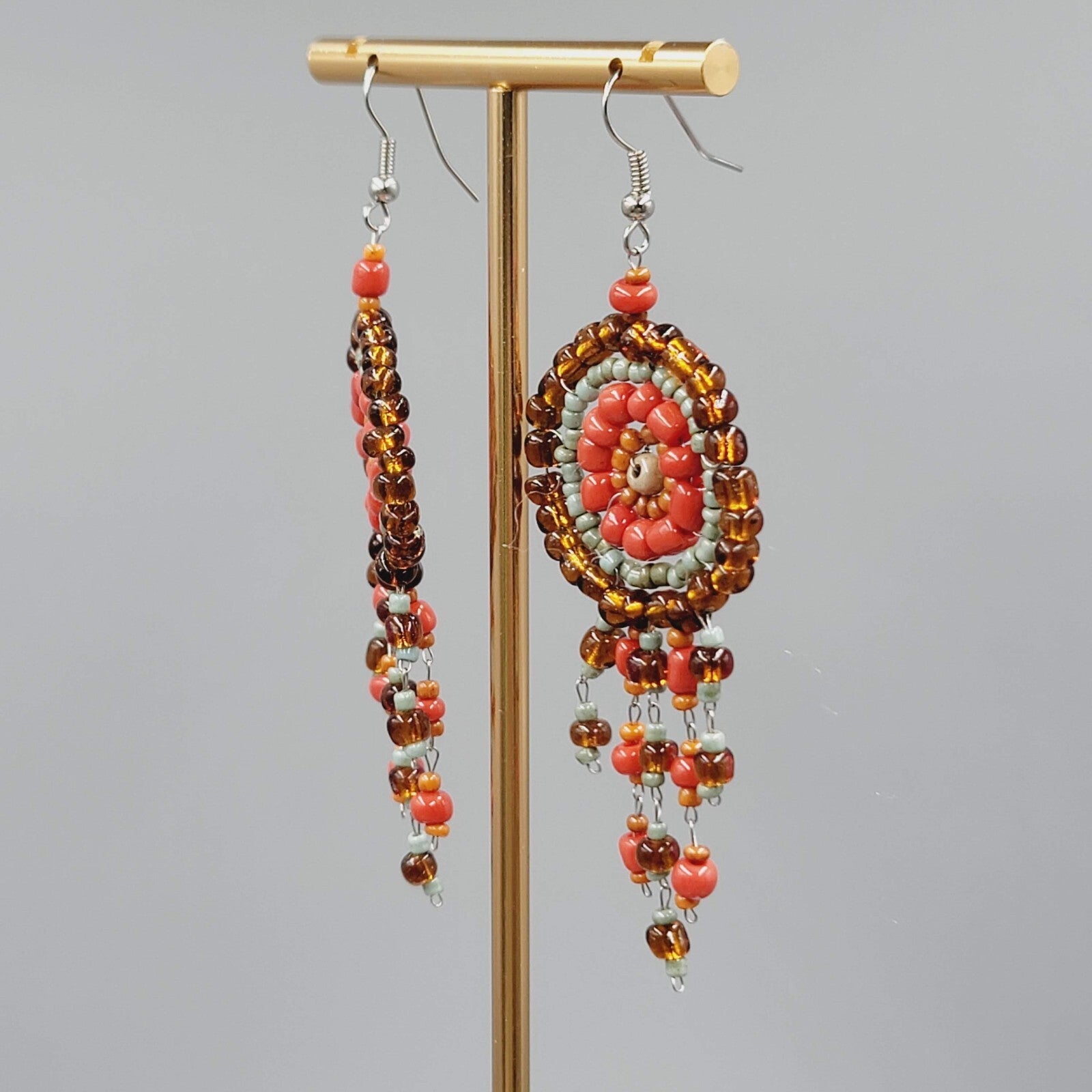 Medallion Bead Pierced Earrings Silver tone Dangle Orange Brown Blue 2.25"