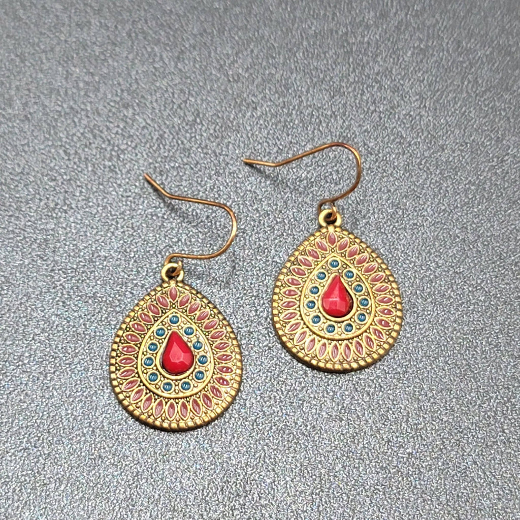 Boho Pierced Earrings Gold tone Teardrop Medallion Dangle 1"