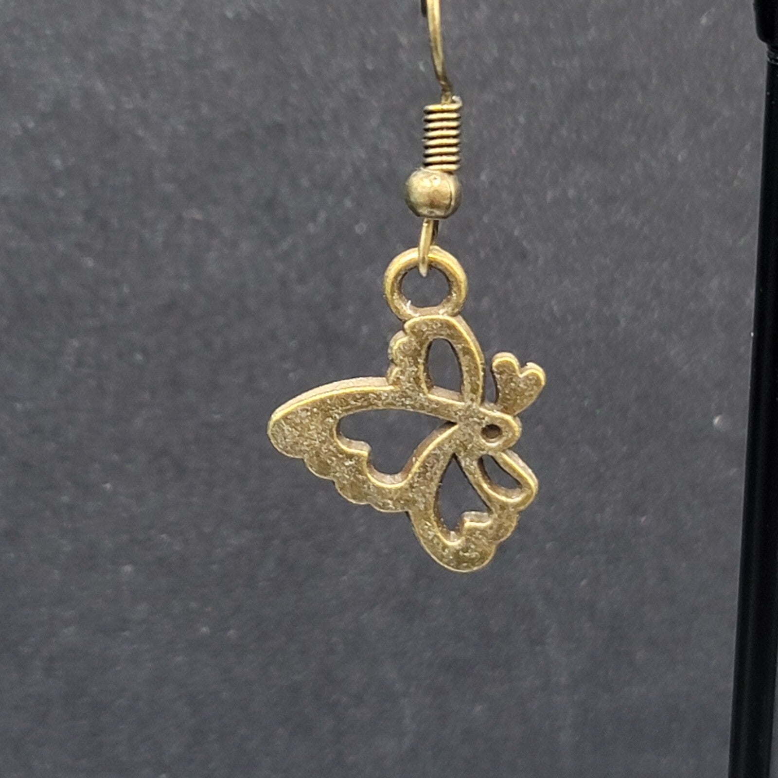 New Butterfly Pierced Earrings Bronze tone Side View Dangle 3/4"