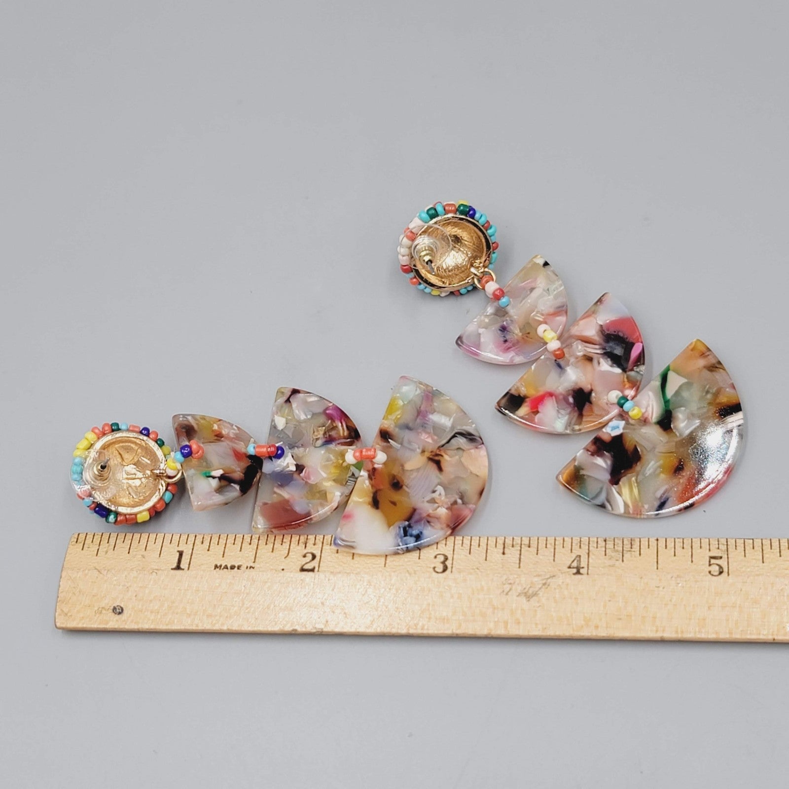 Statement Beaded Dangle Pierced Earrings Acrylic Resin Confetti Boho 3"