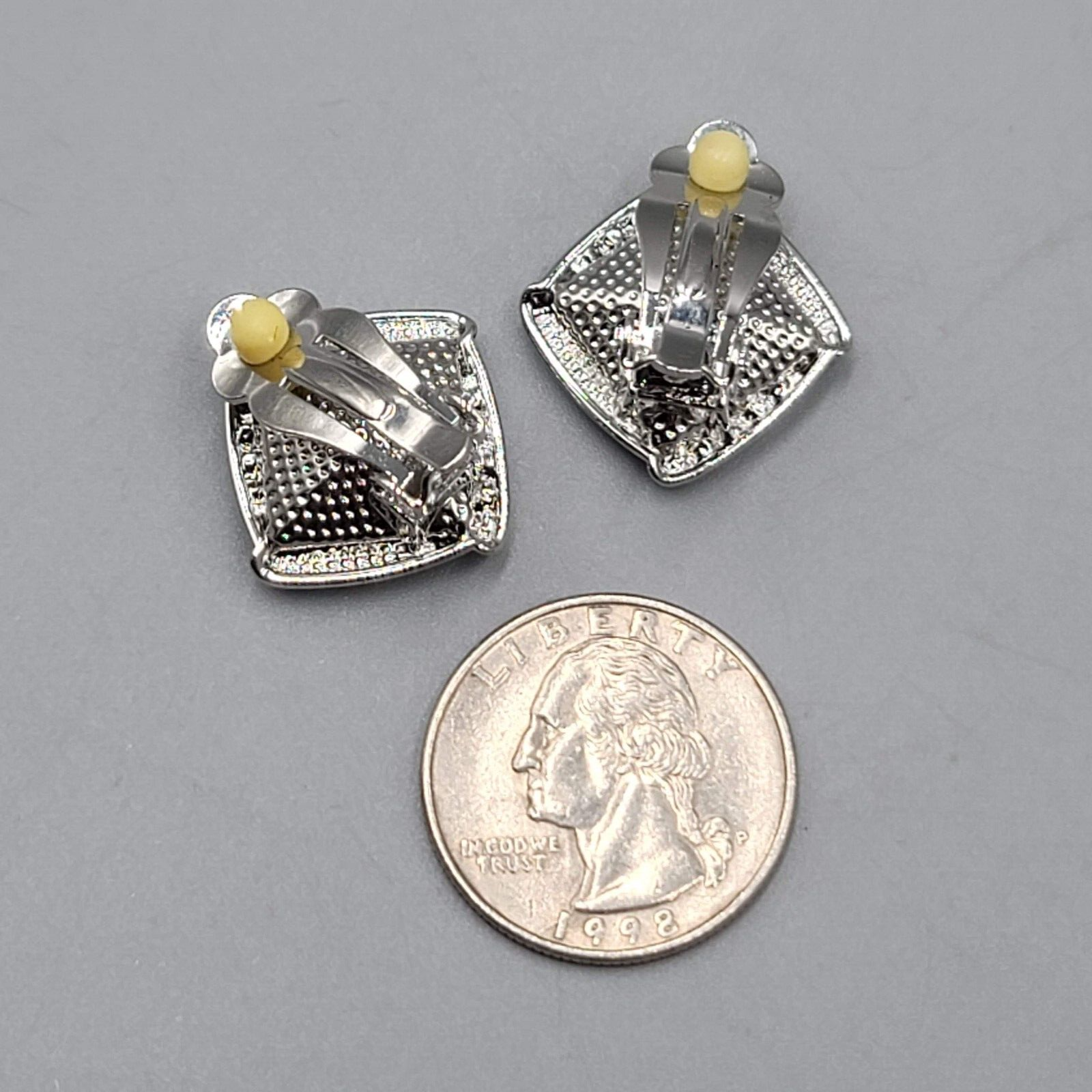 Smokey Gray Square Rhinestone Clip on Earrings Silver tone Stud 7/8"