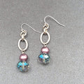Pierced Earrings Silver tone Blue Crystal Pearl Beaded Dangle 1.75"