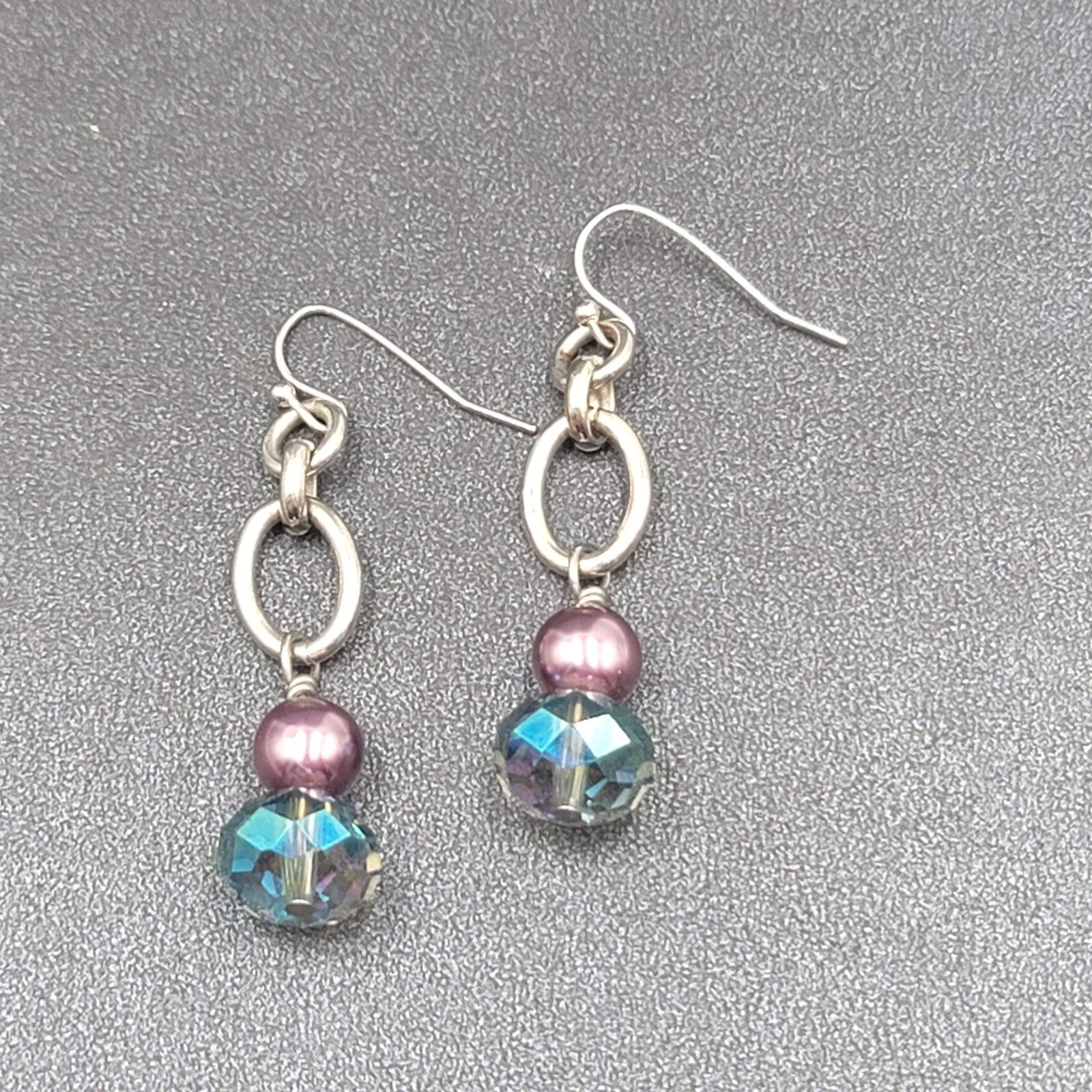 Pierced Earrings Silver tone Blue Crystal Pearl Beaded Dangle 1.75"
