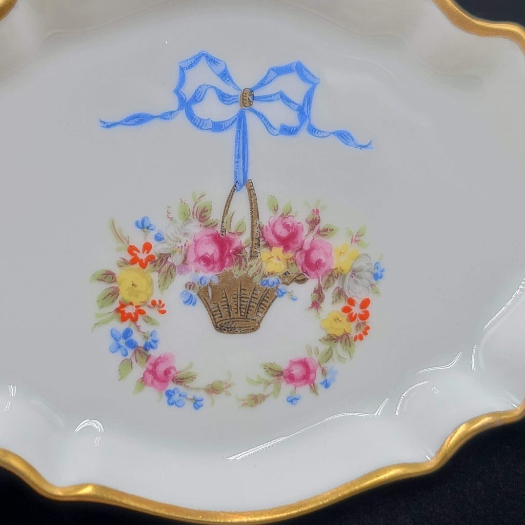 Trinket Pin Tray Giraud Limoges France Flower Basket Bow Hand painted Signed