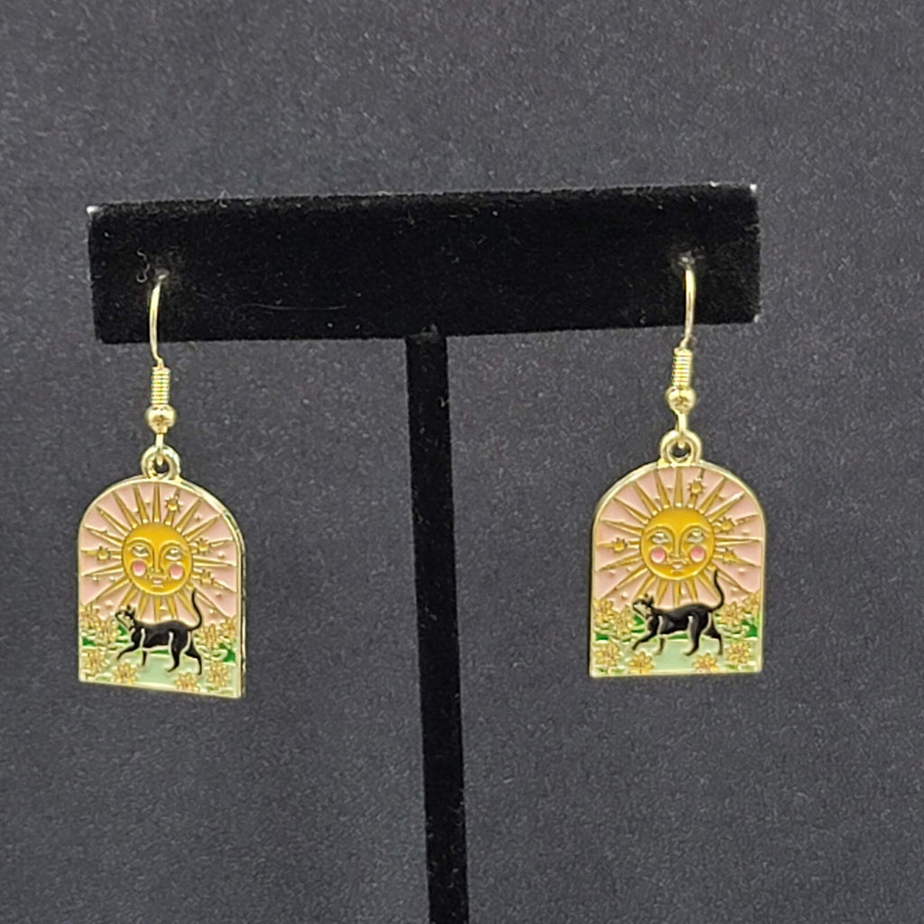 Pierced Earrings Gold tone Enamel Black Cat Happy Sun Flowers Dangle 1"