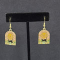 Pierced Earrings Gold tone Enamel Black Cat Happy Sun Flowers Dangle 1"
