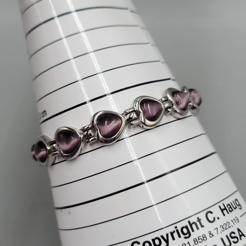 Purple Cats Eye Heart Bracelet Silver tone 7.25 in