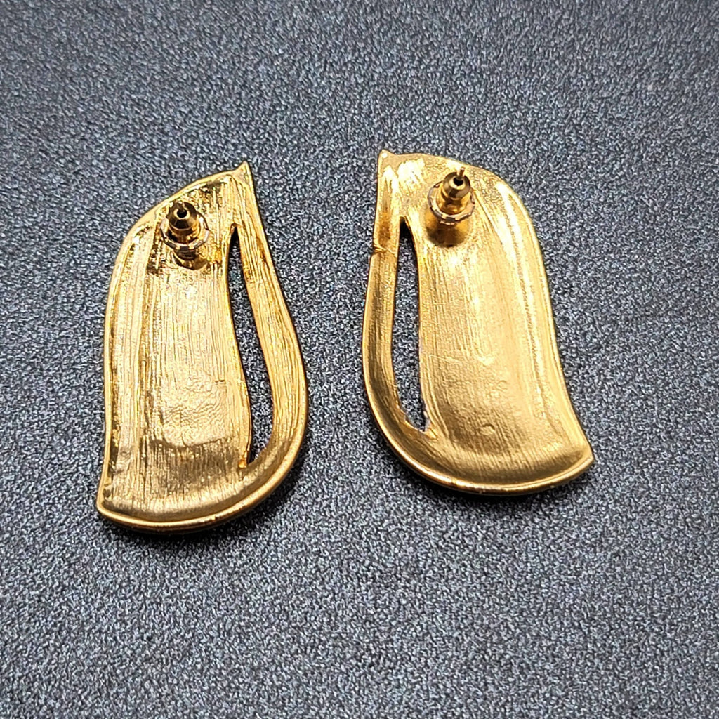 Vintage Pierced Earrings Gold tone Green Pink Enamel Swirl Statement Drop 1.5"