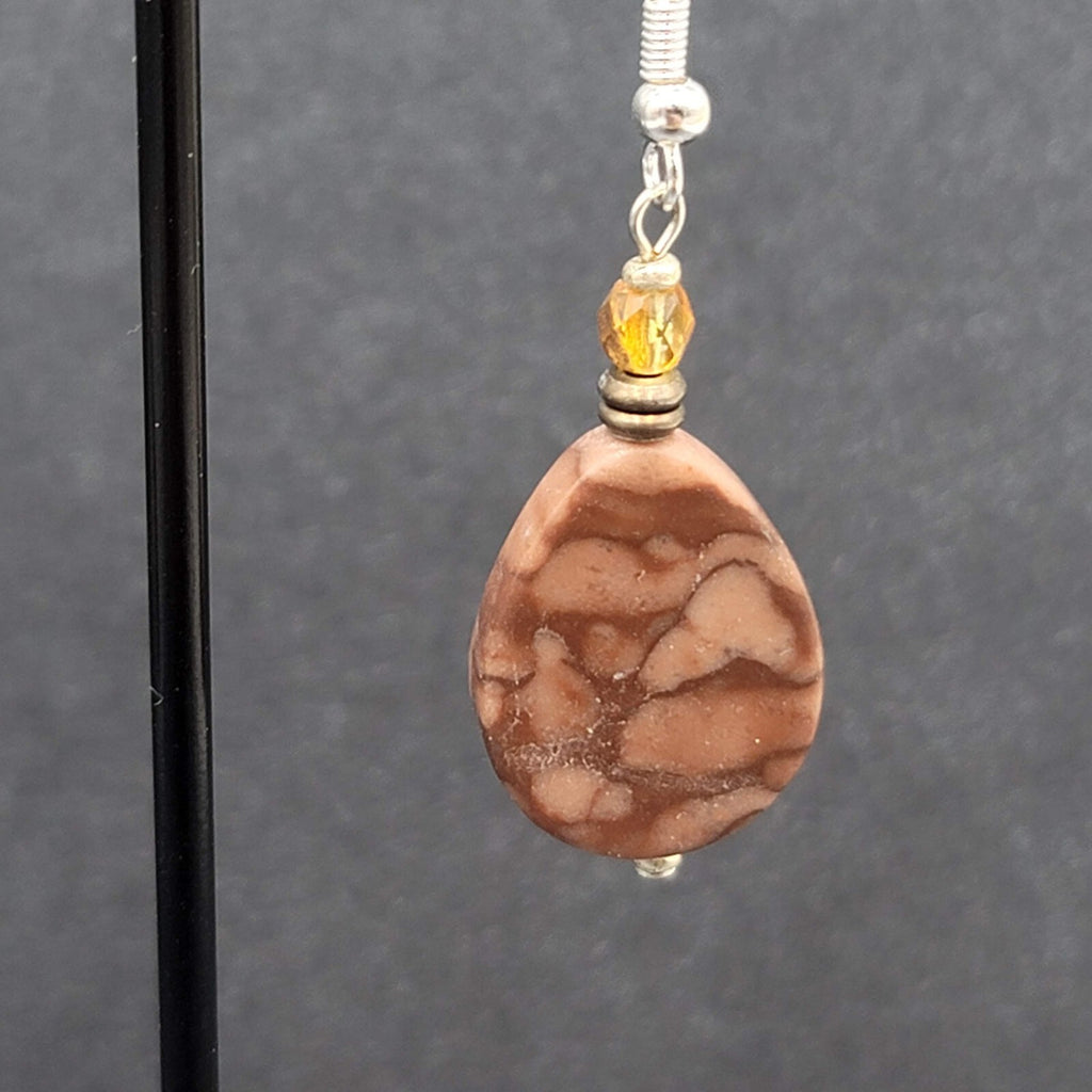 Pierced Earrings Sterling Silver Brown Stone Teardrop Bead Dangle 1.25"