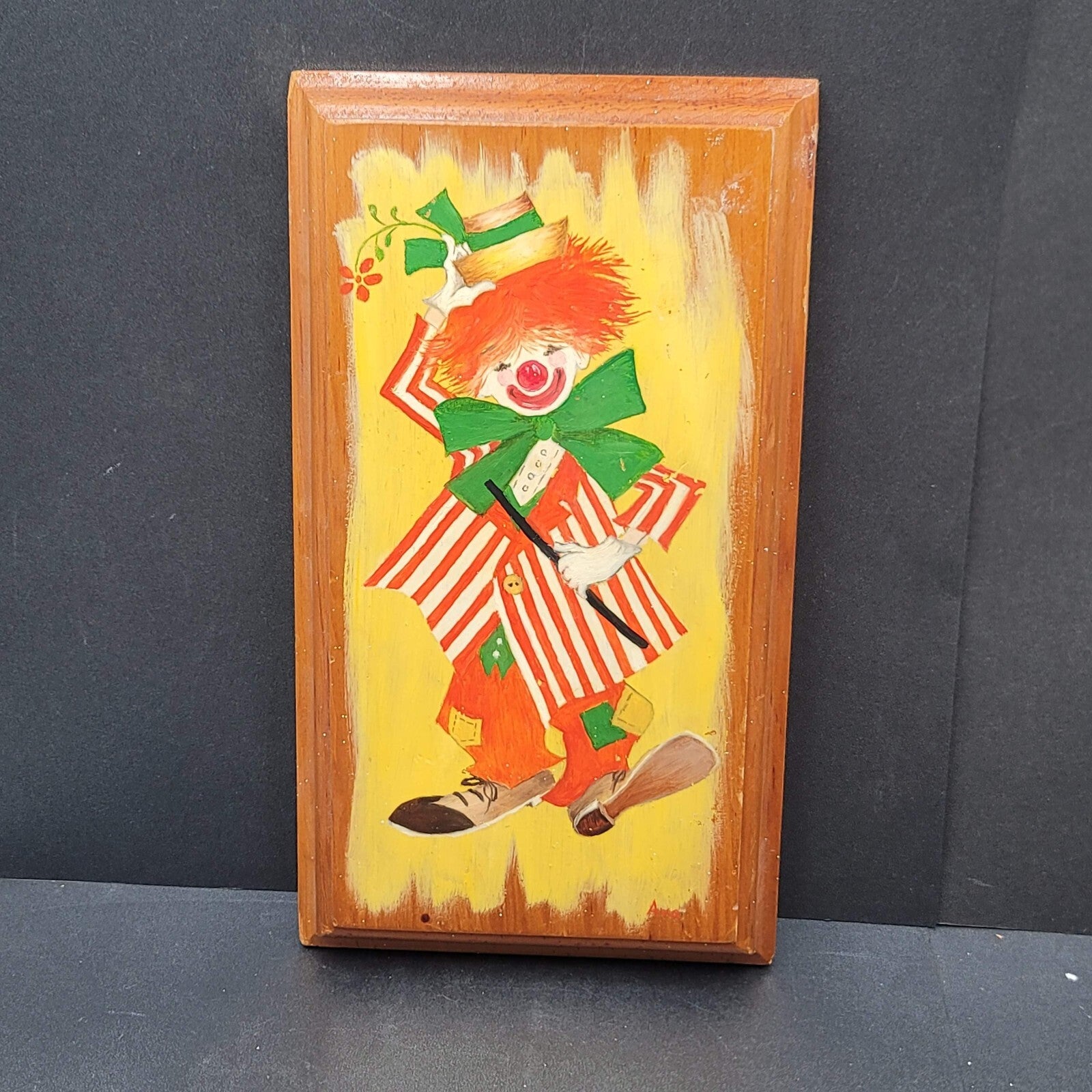 Vintage Original Clown Painting on Wood Folk Art 9 3/4"x5 3/8"