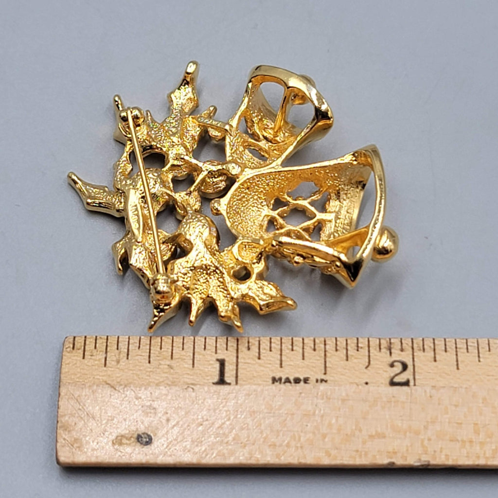 Vintage Avon Christmas Bells Brooch Gold Plated Rhinestone  2"