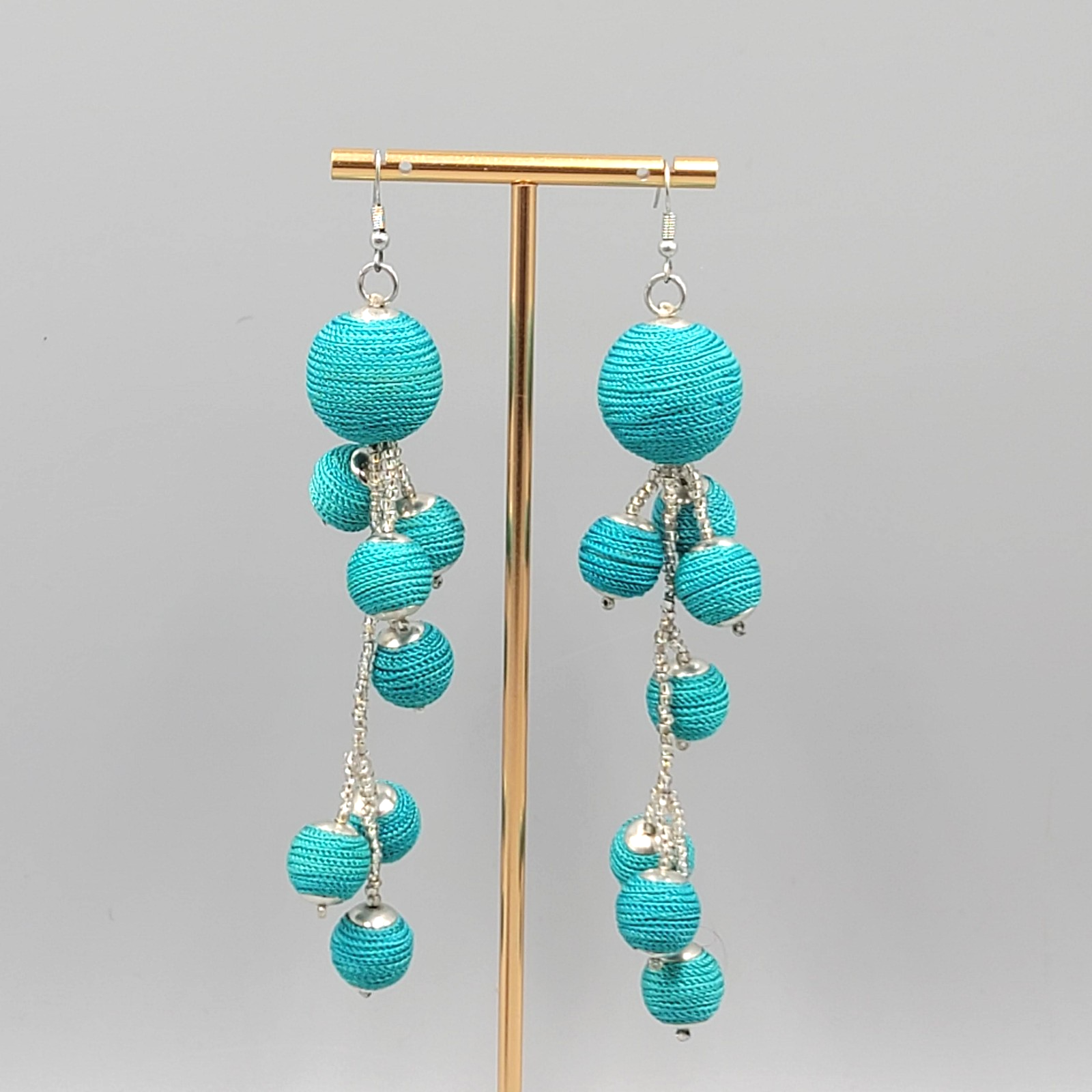 Statement Blue Thread Wrapped Beaded Dangle Earrings Silver Tone 5.5"