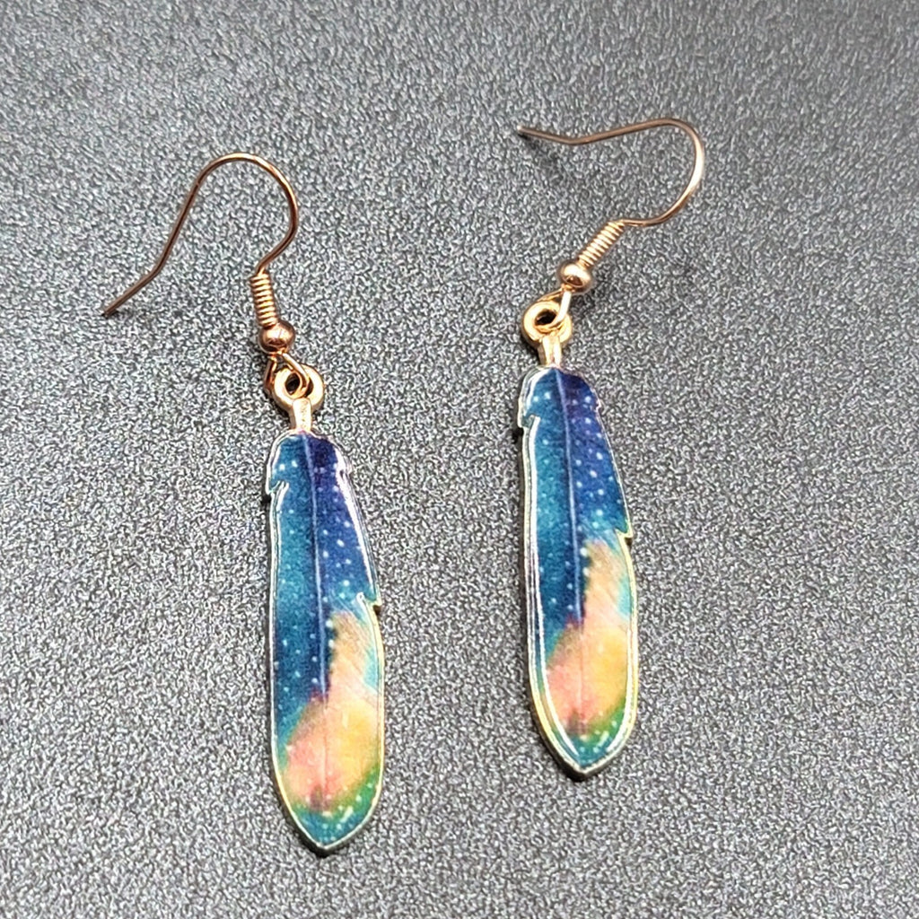 Metal Feather Pierced Earrings Cosmic Blue Galaxy Gold tone Dangle 1.5"
