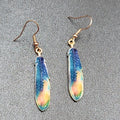Metal Feather Pierced Earrings Cosmic Blue Galaxy Gold tone Dangle 1.5"