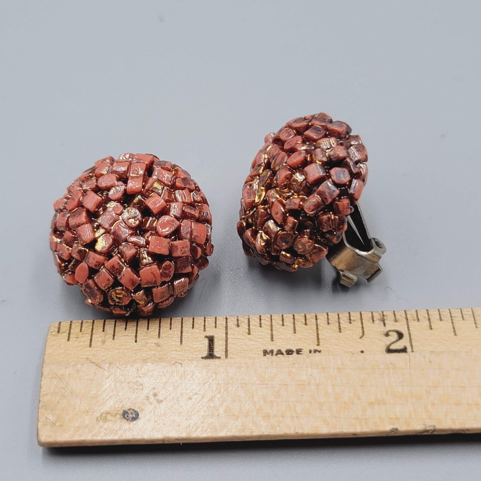 Vintage Clip on Earrings Orange Cluster Button Dome 1"