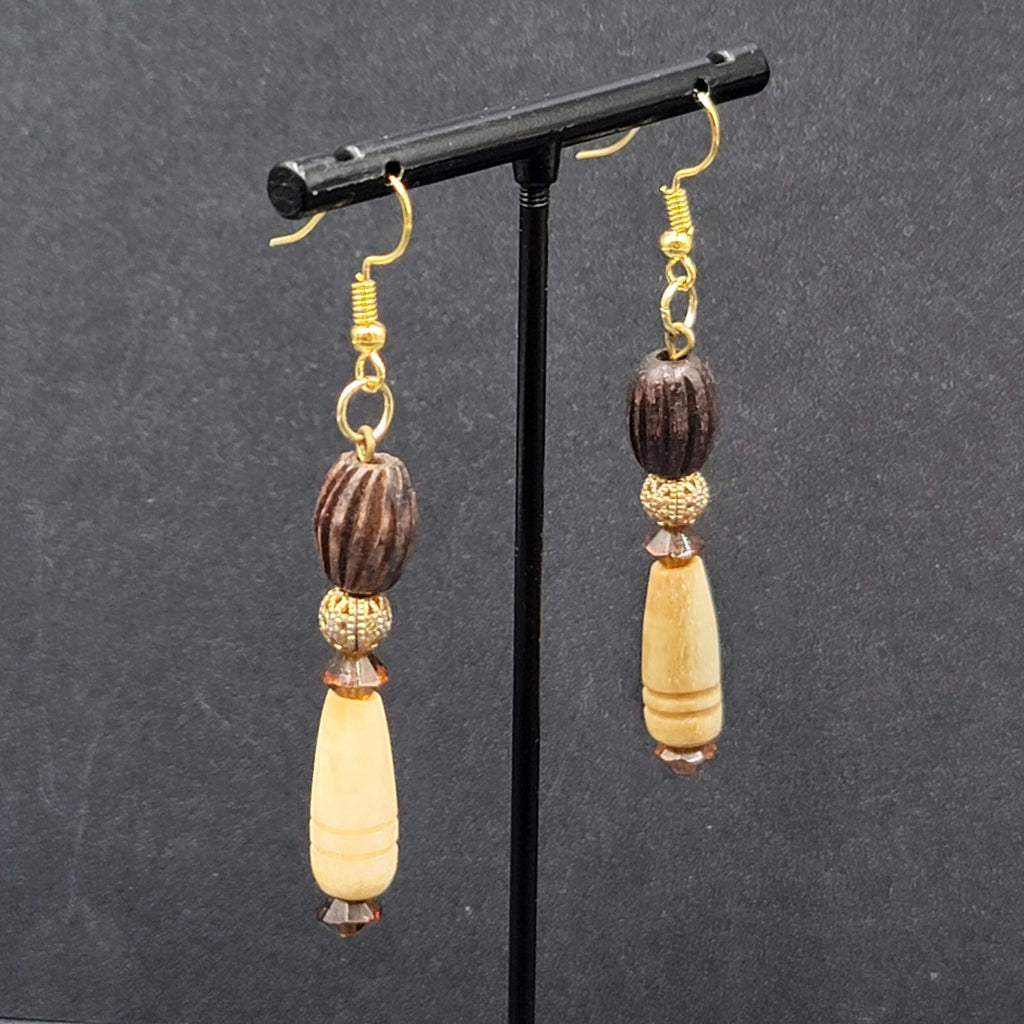 Pierced Earrings Gold tone Wood Hand Carved Beads Dangle 2"