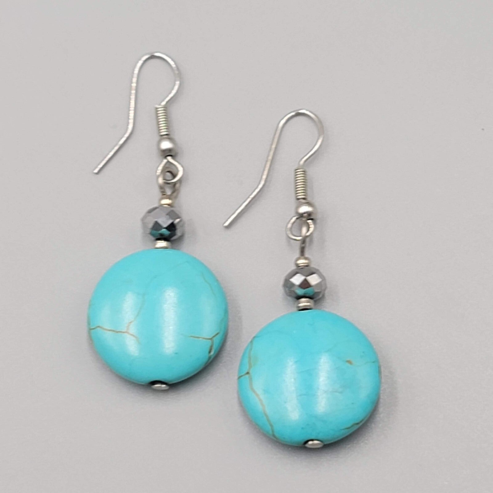 Blue Stone Bead Pierced Earrings Black Accent Silver tone Hook Dangle 1.25"